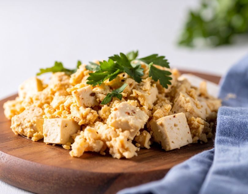 Ein Brett mit Rührei aus Tofu