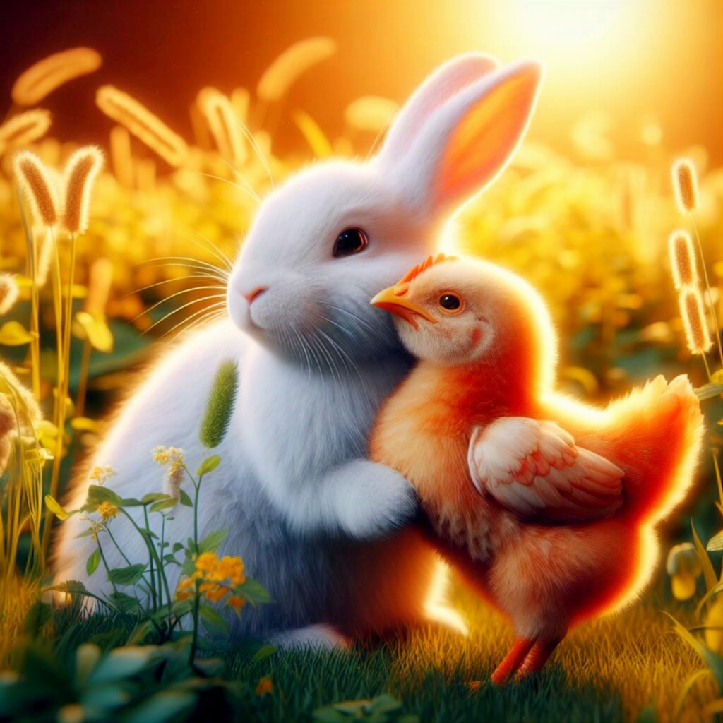 Kaninchen und Küken im Feld