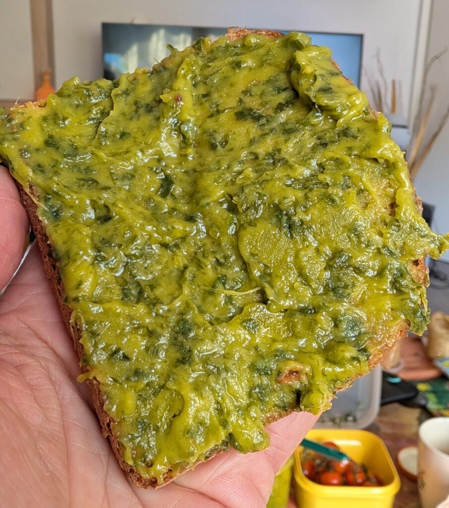 Jemand hält eine Scheibe Brot mit einer grünen Kräuterbutter